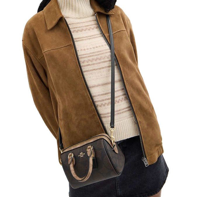 Coach Mini Rowan Crossbody Bag In Blocked Signature Canvas Walnut Tan Dark Brown # CAB16