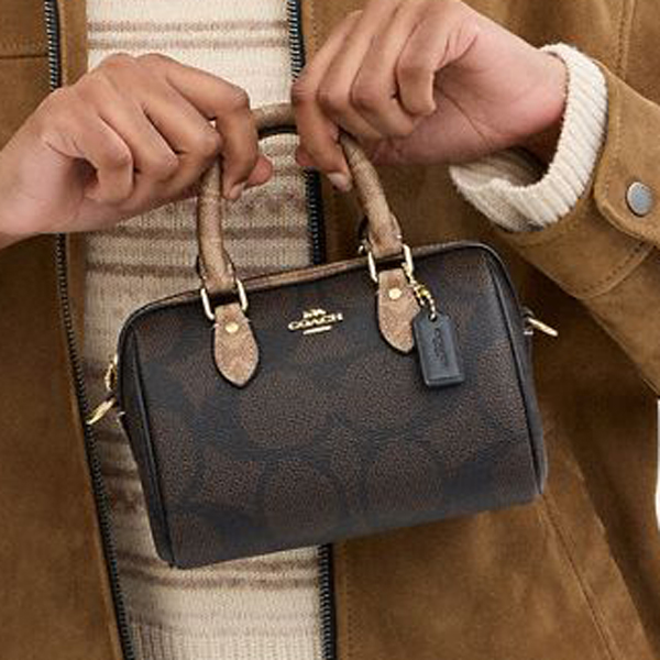 Coach Mini Rowan Crossbody Bag In Blocked Signature Canvas Walnut Tan Dark Brown # CAB16