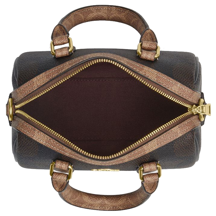 Coach Mini Rowan Crossbody Bag In Blocked Signature Canvas Walnut Tan Dark Brown # CAB16