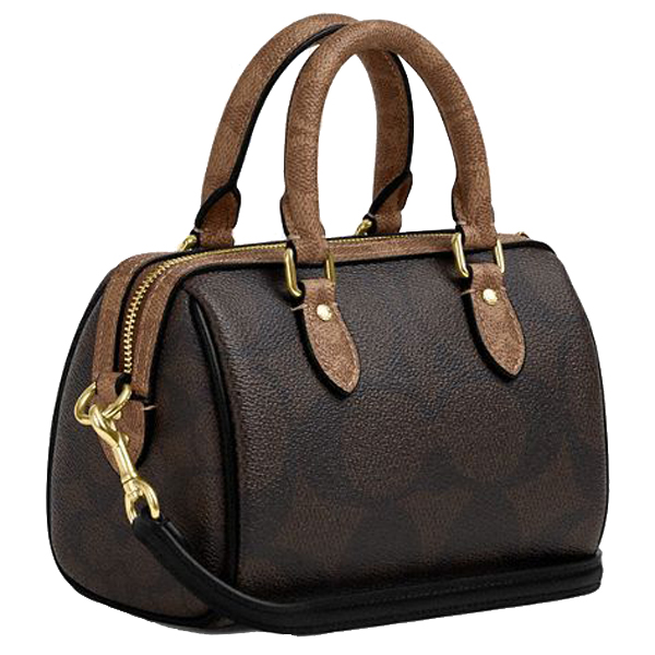 Coach Mini Rowan Crossbody Bag In Blocked Signature Canvas Walnut Tan Dark Brown # CAB16