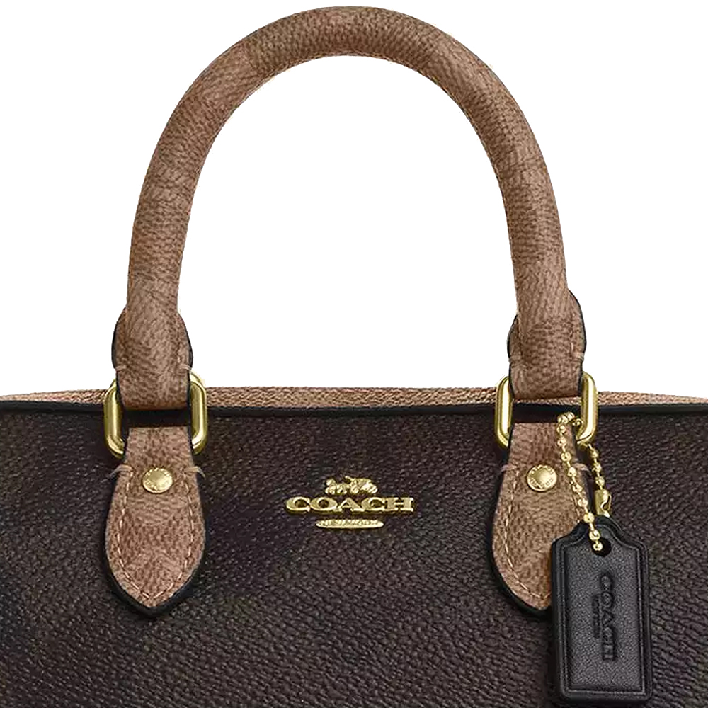 Coach Mini Rowan Crossbody Bag In Blocked Signature Canvas Walnut Tan Dark Brown # CAB16