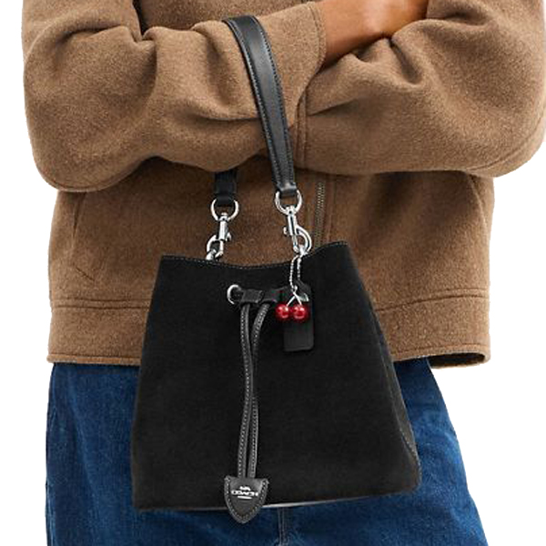 Coach Rowan Bucket Bag With Cherry Charm Silver Black # CCZ89