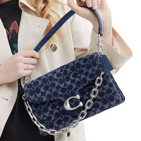 Coach Chain Tabby Shoulder Bag In Signature Denim Silver Deep Blue Multi # CAN15