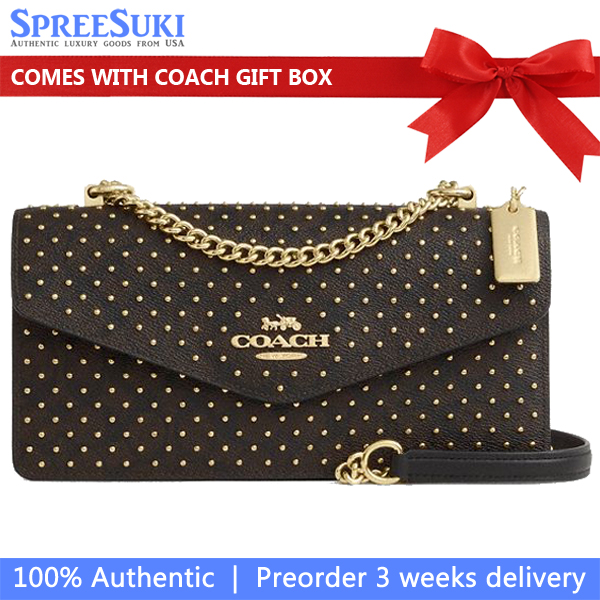 Coach Klare Envelope Crossbody Bag In Signature Canvas With Rivets Walnut Black Multi Dark Brown # CDB22