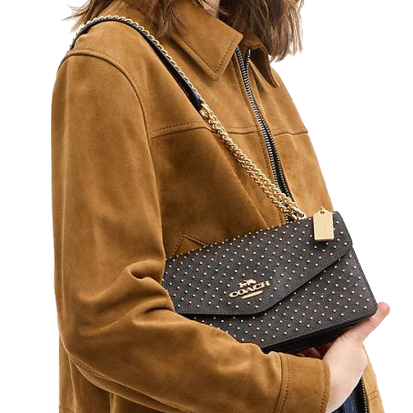 Coach Klare Envelope Crossbody Bag In Signature Canvas With Rivets Walnut Black Multi Dark Brown # CDB22
