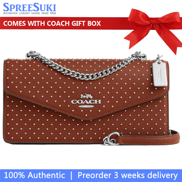 Coach Klare Envelope Crossbody Bag With Rivets Silver Pecan Brown # CDB07