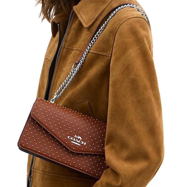 Coach Klare Envelope Crossbody Bag With Rivets Silver Pecan Brown # CDB07