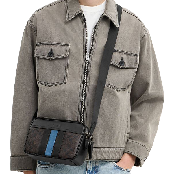 Coach Graham Crossbody Bag In Signature Canvas With Varsity Stripe Gunmetal Walnut Multi Dark Brown # CDC52