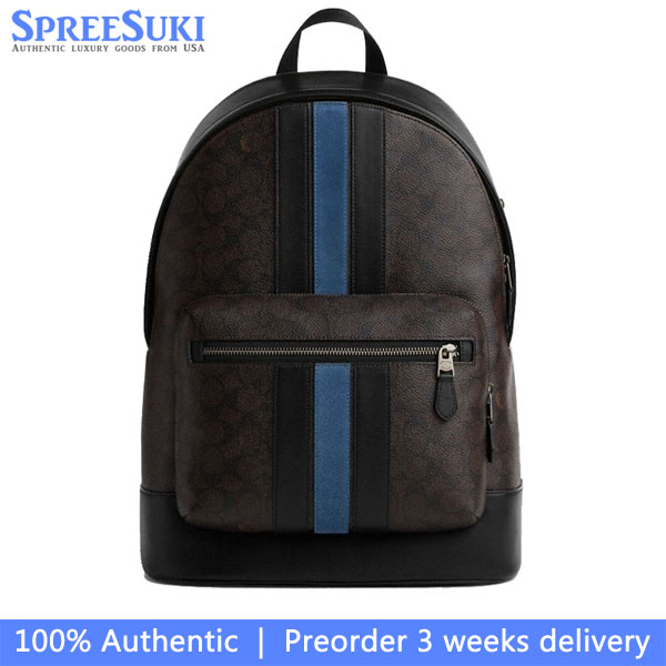 Coach West Backpack In Signature Canvas With Varsity Stripe Gunmetal Walnut Multi Brown # CDC54