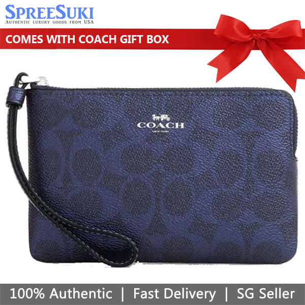 Coach Corner Zip Wristlet In Signature Canvas Silver Blue Navy # CCK71