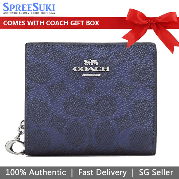 Coach Snap Wallet In Signature Canvas Silver Blue Navy # CCL96
