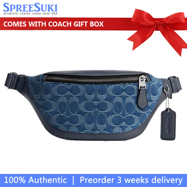 Coach Men Warren Mini Belt Bag In Signature Denim Silver Denim Blue Denim # CDF48