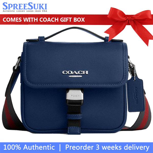 Coach Men Racer Crossbody Bag With Varsity Stripe Webbing Silver Deep Blue Multi # CDC83