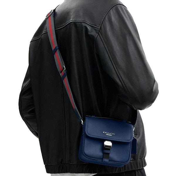 Coach Men Racer Crossbody Bag With Varsity Stripe Webbing Silver Deep Blue Multi # CDC83