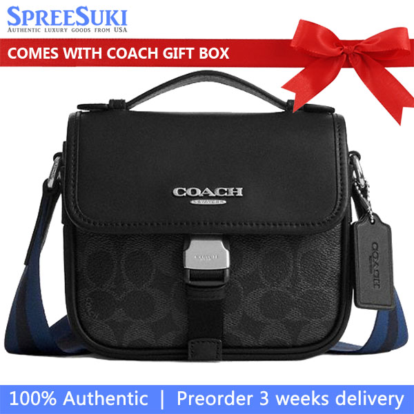 Coach Men Racer Crossbody Bag In Signature Canvas With Varsity Stripe Webbing Silver Black Multi # CDC82