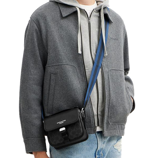 Coach Men Racer Crossbody Bag In Signature Canvas With Varsity Stripe Webbing Silver Black Multi # CDC82