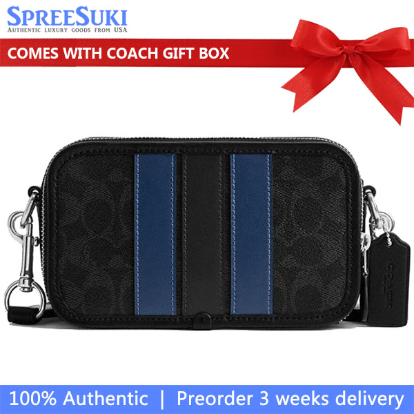 Coach Men Wyatt Crossbody Bag In Signature Canvas With Varsity Stripe Silver Black Multi # CDP86