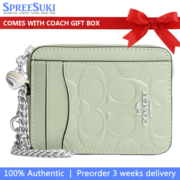 Coach Zip Card Case In Signature Leather With Heart Charm Silver Pale Green Light green # CDQ15