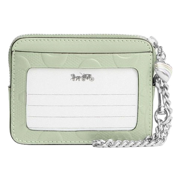 Coach Zip Card Case In Signature Leather With Heart Charm Silver Pale Green Light green # CDQ15