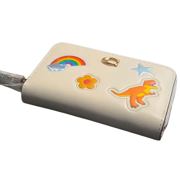 Coach Essential Small Zip Around Card Case With Sticker Print Chalk Multi White # CCD21