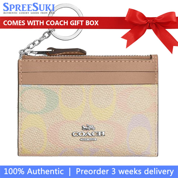 Coach Mini Skinny Id Case In Rainbow Signature Canvas Silver Sand Multi # CDF92