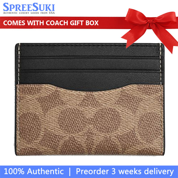 Coach Slim Id Card Case In Signature Canvas Tan Black Light Brown # CW366