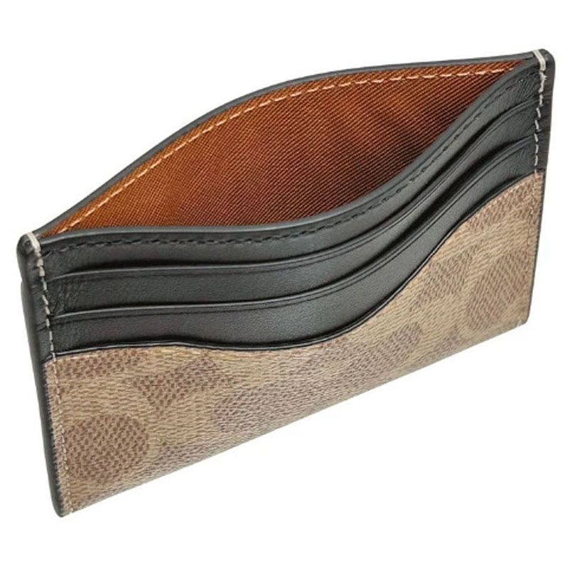 Coach Slim Id Card Case In Signature Canvas Tan Black Light Brown # CW366