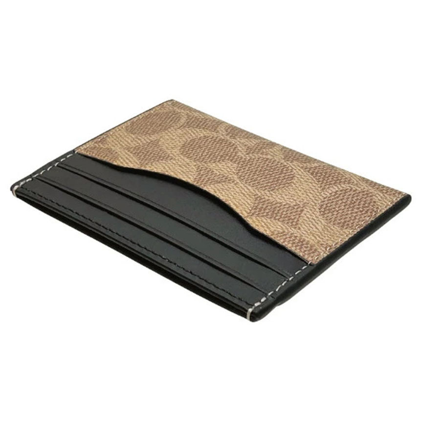 Coach Slim Id Card Case In Signature Canvas Tan Black Light Brown # CW366