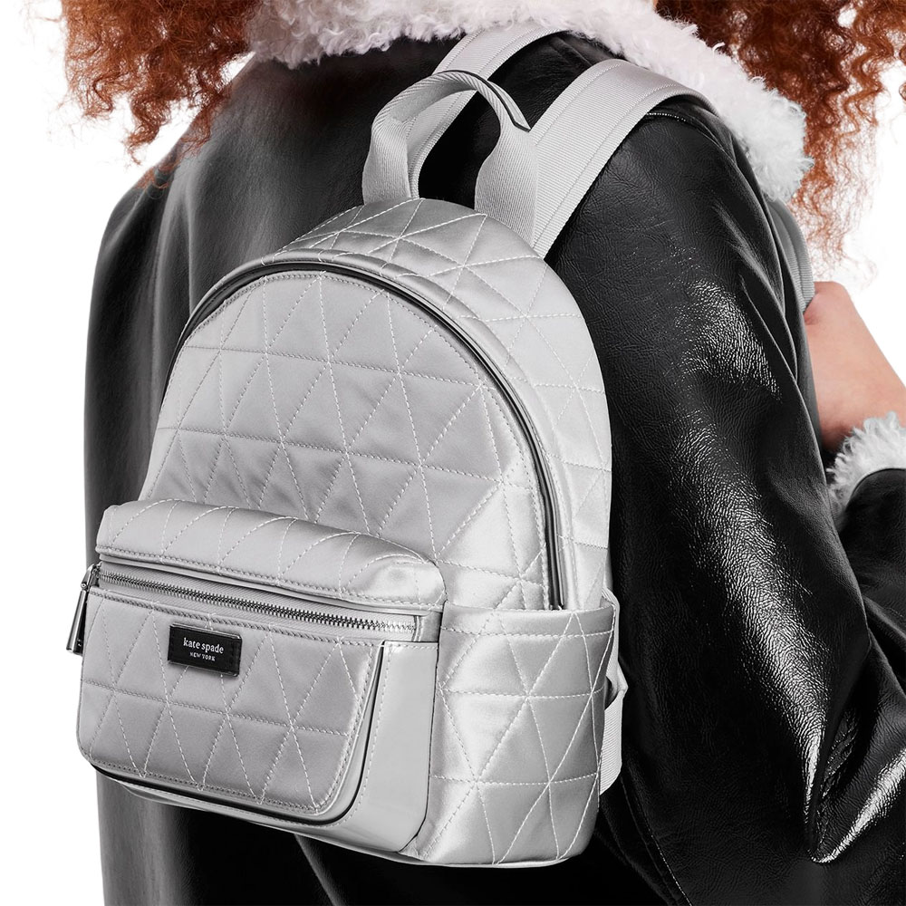 Kate Spade Sam Icon Quilted Satin Small Backpack Silver # KE236