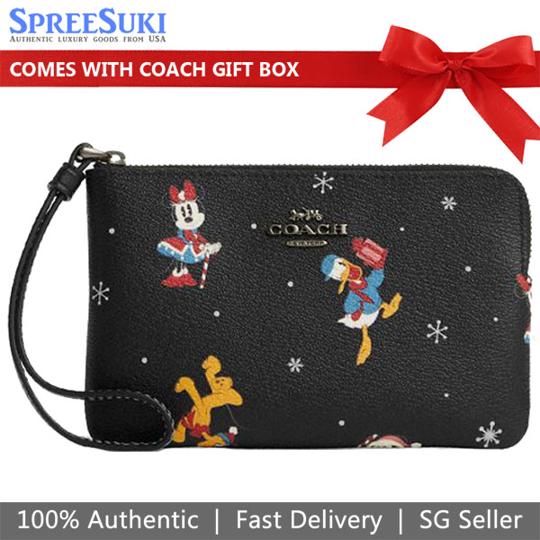 Coach Small Wristlet Disney X Coach Corner Zip Wristlet With Holiday Print Gunmetal Black Multi # CN031