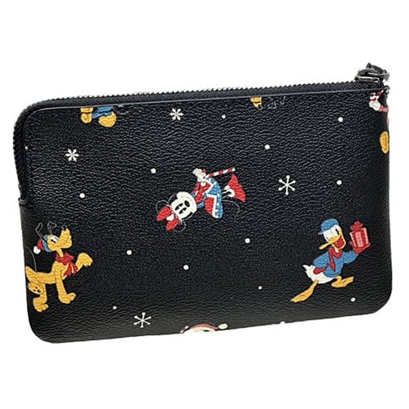 Coach Small Wristlet Disney X Coach Corner Zip Wristlet With Holiday Print Gunmetal Black Multi # CN031