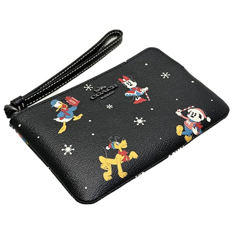Coach Small Wristlet Disney X Coach Corner Zip Wristlet With Holiday Print Gunmetal Black Multi # CN031