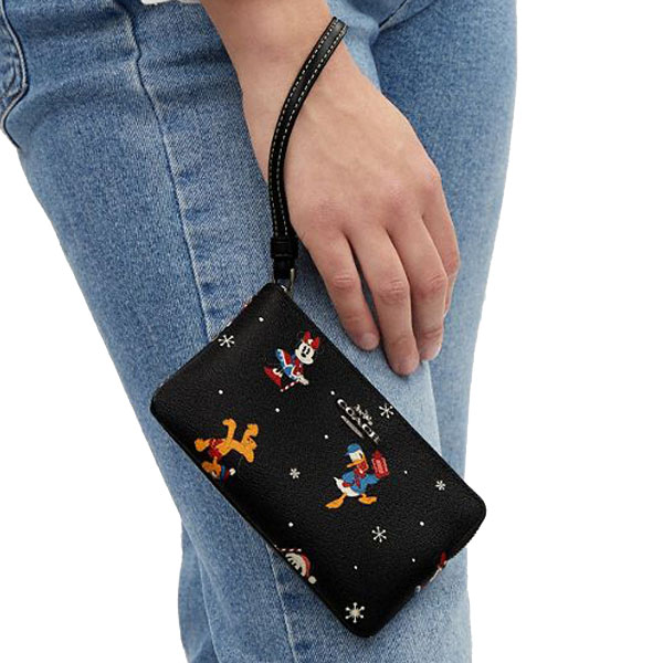 Coach Small Wristlet Disney X Coach Corner Zip Wristlet With Holiday Print Gunmetal Black Multi # CN031