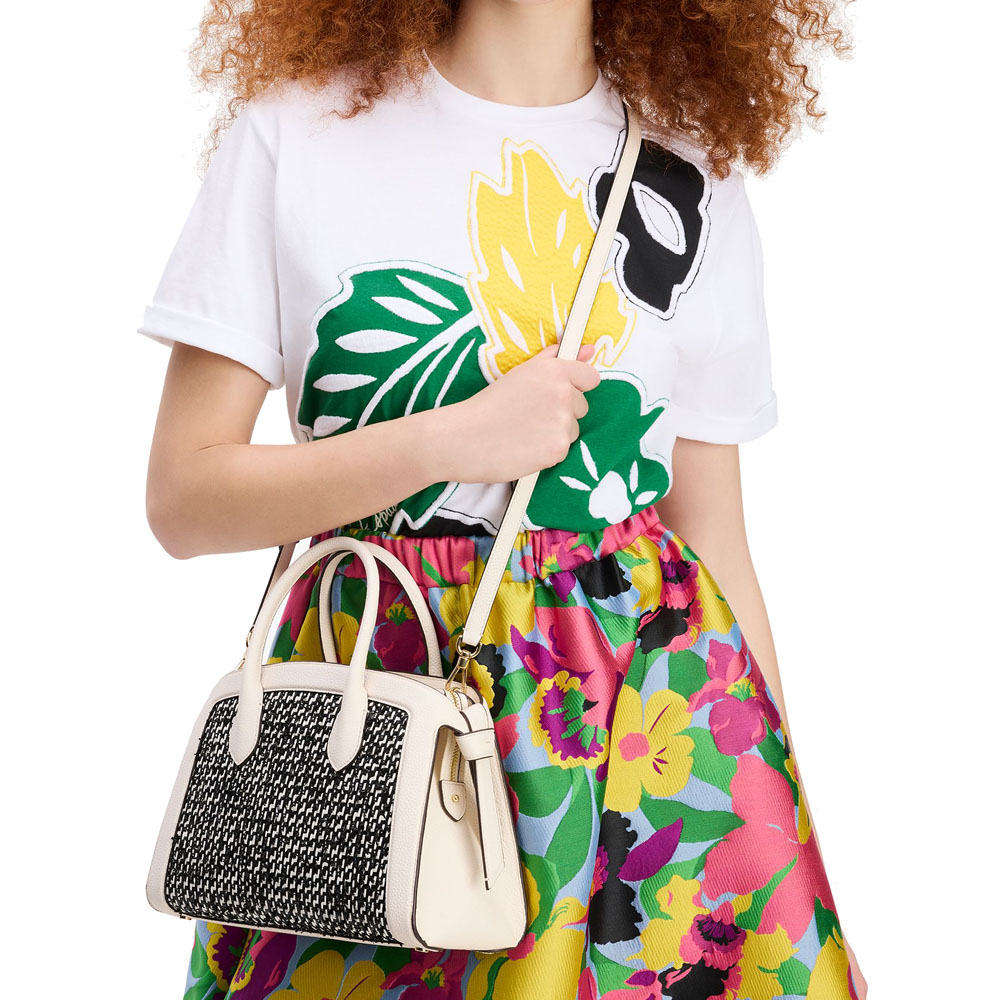 Kate Spade Knott Raffia Tweed Medium Zip-Top Satchel Parchment Multi Off White # KH022