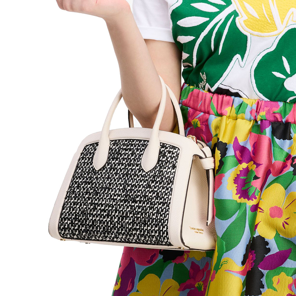 Kate Spade Knott Raffia Tweed Medium Zip-Top Satchel Parchment Multi Off White # KH022