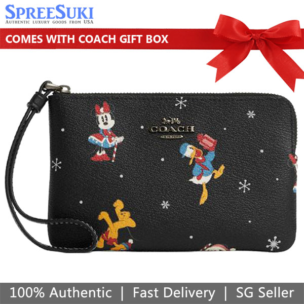 Coach Small Wristlet Disney X Coach Corner Zip Wristlet With Holiday Print Black Multi # CN031
