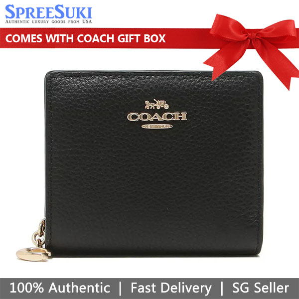 Coach Small Wallet Pebble Leather Snap Wallet Black # C2862