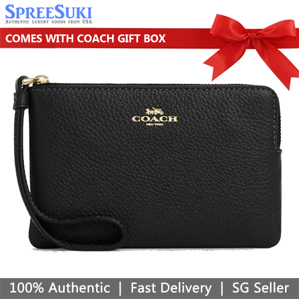 Coach Small Wristlet Pebbled Leather Corner Zip Wristlet Black # CP483