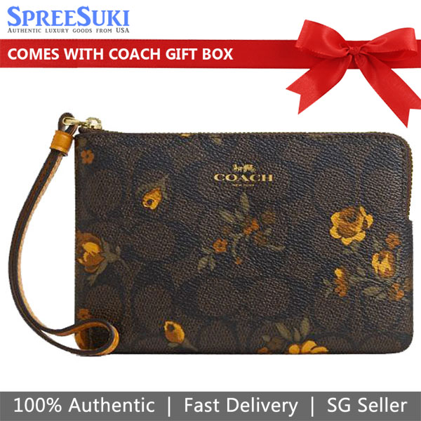 Coach Corner Zip Wristlet In Signature Canvas With Floral Print Walnut Yellow Dark Brown # CCL19