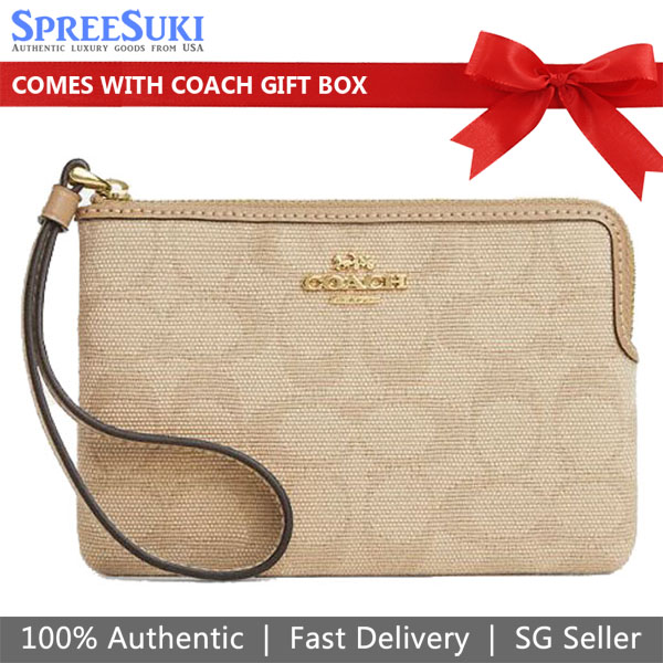 Coach Corner Zip Wristlet With Signature Canvas Dark Natural Multi Light Brown # CAQ57