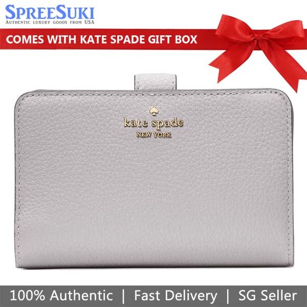 Kate Spade Medium Wallet Lena Pebbled Leather Medium Compact Bifold Wallet Mountain Grey # KH787