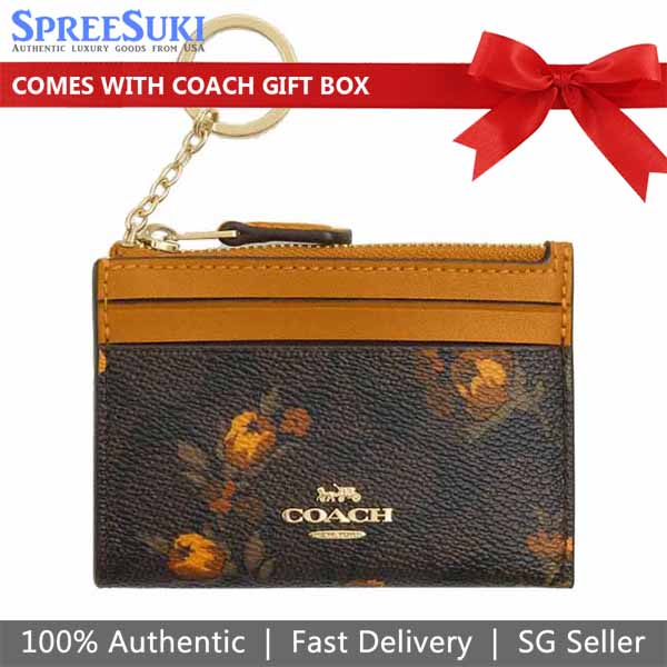 Coach Mini Skinny Id Case In Signature Canvas With Floral Print Walnut Yellow Dark Brown # CCV88