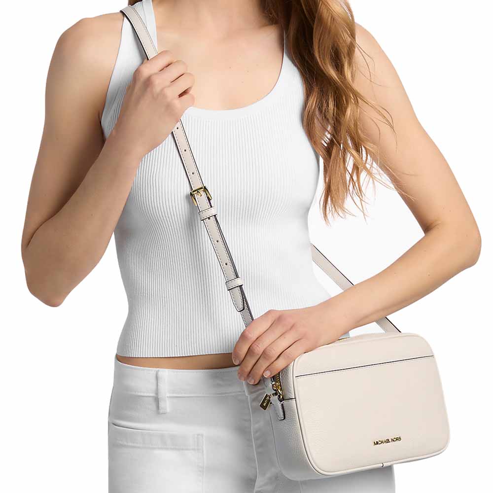 Michael Kors Jet Set Pebbled Leather Camera Crossbody Bag Light Cream # 35R6GTVC7L