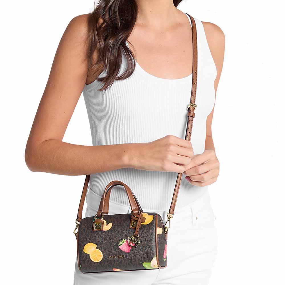 Michael Kors Grayson Small Printed Signature Logo Duffel Crossbody Bag Brown Dark Brown # 35S6GGYC1V