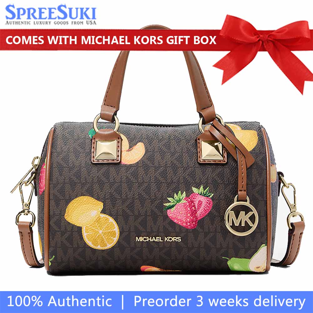 Michael Kors Grayson Small Printed Signature Logo Duffel Crossbody Bag Brown Dark Brown # 35S6GGYC1V