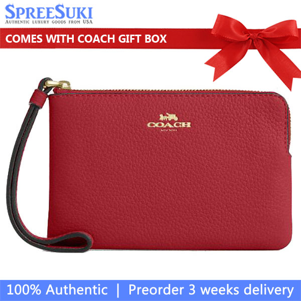 Coach Small Wristlet Pebbled Leather Corner Zip Wristlet True Red # CP483
