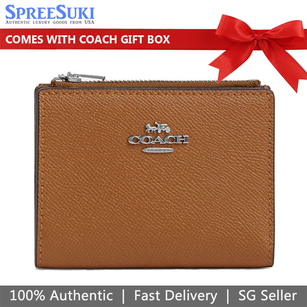 Coach Small Wallet Crossgrain Leather Bifold Wallet Silver Light Saddle Brown # CR983