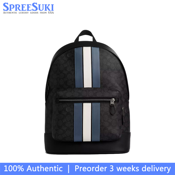 Coach West Backpack In Signature Canvas With Varsity Stripe Gunmetal Charcoal Denim Chalk Black # CV922