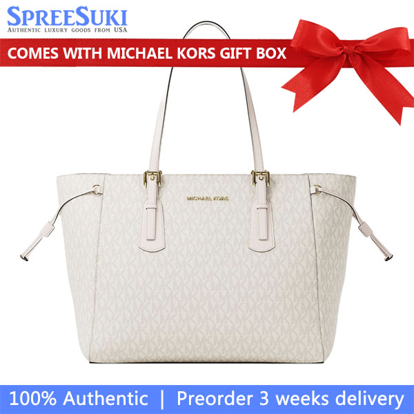 Michael Kors Voyager Large Signature Logo Top-Zip Tote Bag Light Cream Multi White # 35R6GV6T7B