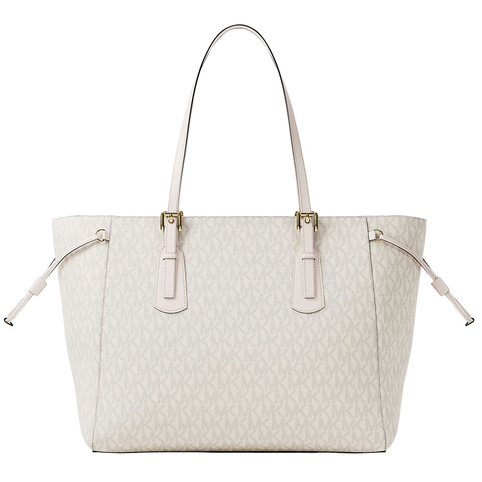 Michael Kors Voyager Large Signature Logo Top-Zip Tote Bag Light Cream Multi White # 35R6GV6T7B